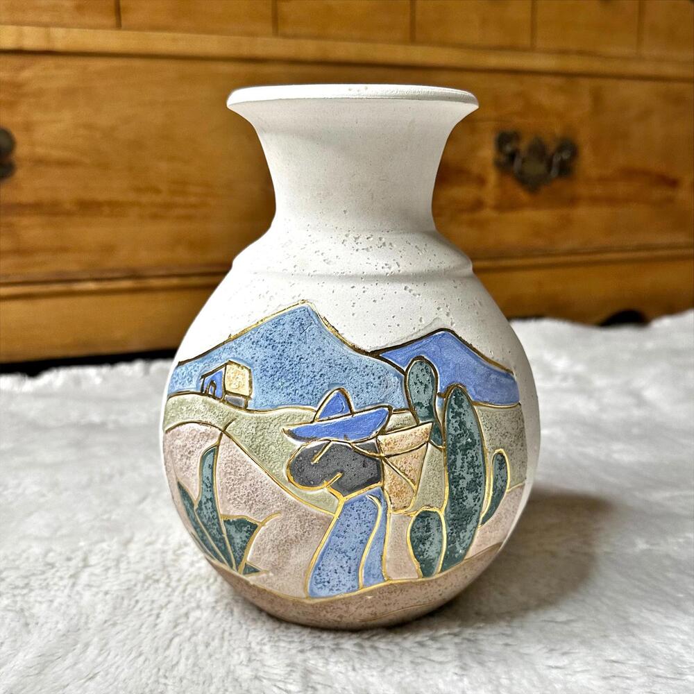 Vintage Acevloza Mexican Handcrafted Ceramic Vase Desert 8 in